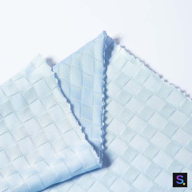 Cooling Jacquard, Light Blue Square Check knitted fabric, 100% nylon