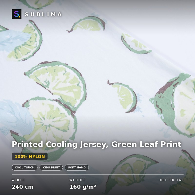 Printed Cooling Jersey, Green Leaf Print knitted fabric