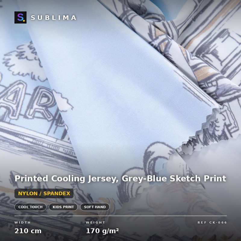 Printed Cooling Jersey, Grey-Blue Sketch Print knitted fabric