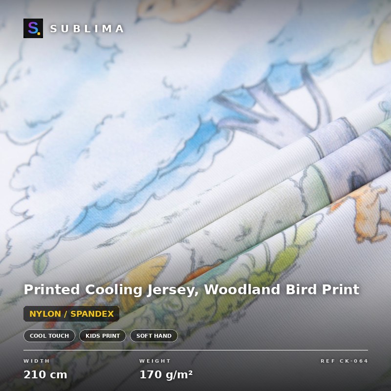 Printed Cooling Jersey, Woodland Bird Print knitted fabric