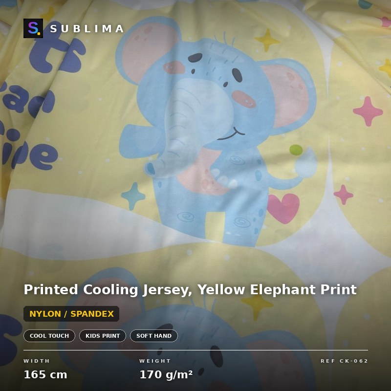 Printed Cooling Jersey, Yellow Elephant Print knitted fabric